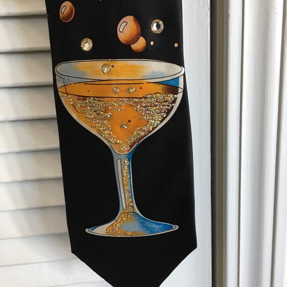 Mens 💯 Silk Tie With Cocktail Glass Sequin Print - Picture 3 of 7